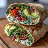 A vibrant rainbow veggie wrap filled with colorful bell peppers, carrots, and spinach, perfect for a healthy lunch on the go.