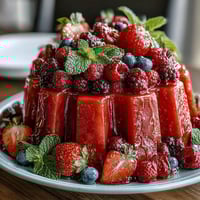 Vibrant watermelon carving board brimming with fresh berries and mint, a stunning summer fruit centerpiece for gatherings.