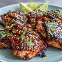 Honey Sriracha Grilled Chicken Thighs sizzling on the grill, glazed with a sticky, spicy-sweet marinade.