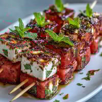Watermelon feta mint skewers with juicy cubes, creamy cheese, and fresh mint leaves on wooden picks.