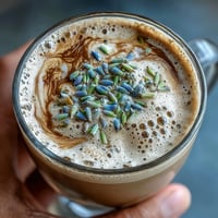 Aromatic lavender oat milk latte with delicate floral notes and creamy texture, perfect for a cozy morning or afternoon treat.