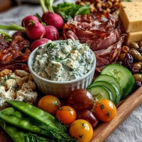 Spring Charcuterie Board with Radishes, Peas, and Herb Dip featuring colorful vegetables, cured meats, and creamy dip for a fresh appetizer.