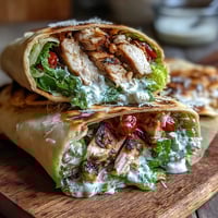Golden-brown, grilled chicken slices topped with fresh Parmesan, nestled on crisp romaine inside a warm, buttery Garlic Naan Grilled Chicken Caesar Wrap. 