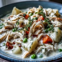 Creamy Chicken Pot Pie Soup with tender shredded chicken, carrots, and peas in a rich, velvety broth served in a rustic bowl.