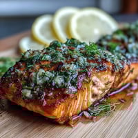 Cedar Plank Salmon with Garlic Dill sizzling on smoky cedar, herbs glistening under the grill's heat.