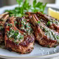 Golden-crusted lamb chops with a vibrant lemon-garlic parsley gremolata, perfect for an elegant dinner.  