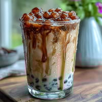 Creamy milk tea with chewy brown sugar tapioca pearls, served over ice with a rich brown sugar drizzle for an authentic bubble tea experience.  