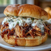 Smoked pulled chicken piled high on soft buns, topped with creamy Alabama white BBQ sauce and crunchy coleslaw for a Southern BBQ classic.  