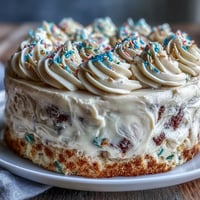 Vibrant confetti cake with rainbow sprinkles, layered with champagne frosting for a festive graduation dessert.  