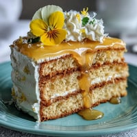 A stunning Mother's Day Lemon Curd Layer Cake adorned with vibrant edible flowers and smooth whipped cream frosting.
