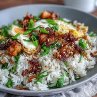 A sizzling skillet of chili crisp egg fried rice with golden scrambled eggs, vibrant green scallions, and a spicy chili oil drizzle.  