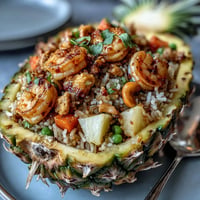 Vibrant pineapple fried rice served in a carved pineapple shell, featuring colorful vegetables and juicy shrimp for a tropical Thai-inspired meal.