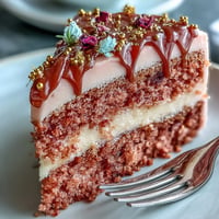 Pink velvet cake with rosé, drizzled elegantly with shimmering gold ganache.