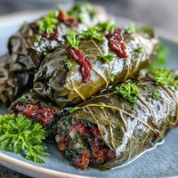 Tender Kurdish dolma, plump stuffed grape leaves, glistening with olive oil, perfect appetizer.