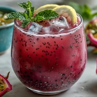 Vibrant Dragon Fruit Lemonade with Chia Seeds, sparkling with fruit chunks and lemon slices.