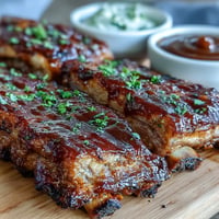 Tender, smoky Father's Day BBQ Rib Board with honey, chipotle, and maple sauces.